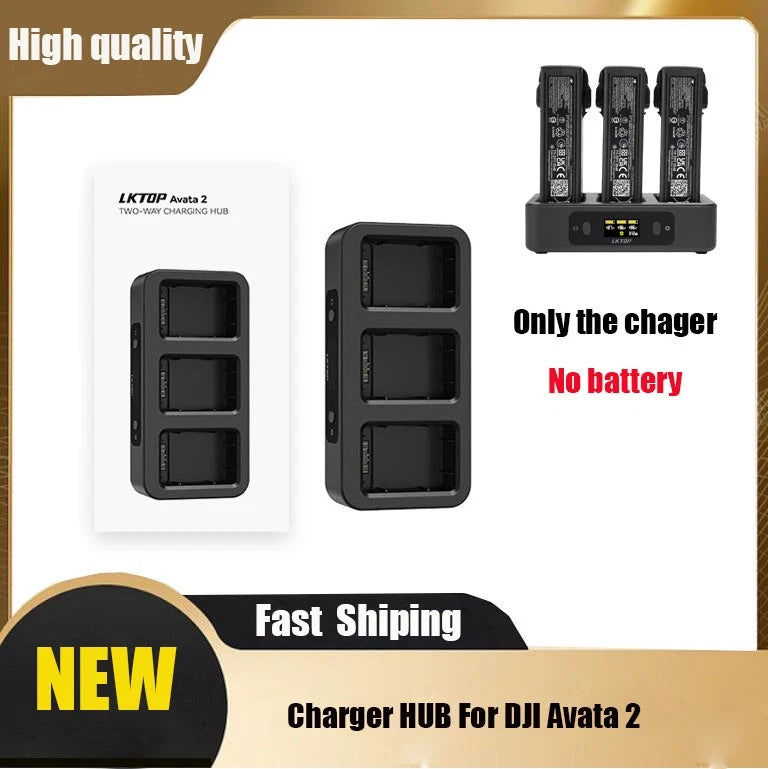 Black three-bay battery charging hub for DJI Avata 2 drone