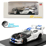 1:64 scale white Dodge Viper die-cast race car with blue stripes and open hood