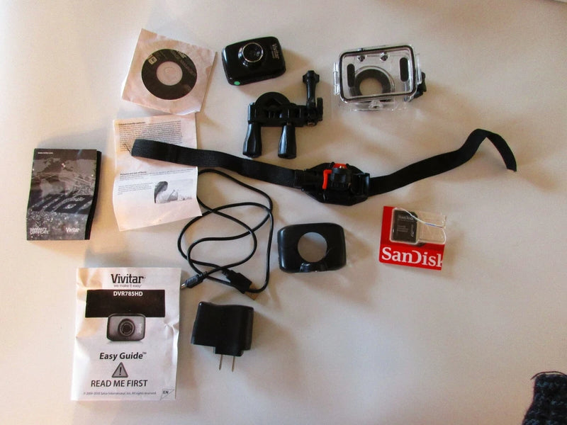Vivitar DVR 785HD Camcorder. Under Case Bicycle Mount Helmet Band, 32G Card