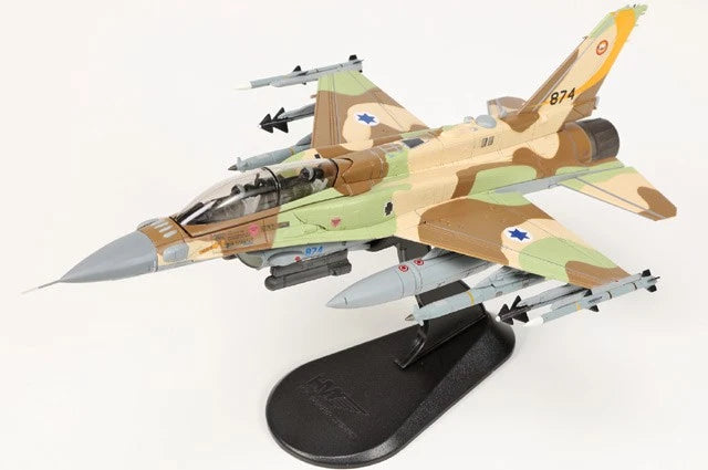Tan and green camouflaged F-16I Sufa airplane model on display stand