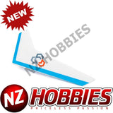 Blade vertical tail fin with blue stripe and NZ Hobbies logo, white with blue accents