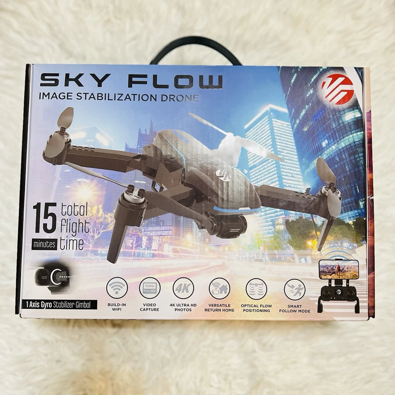 Sky Flow image stabilization drone retail box with drone and key feature icons