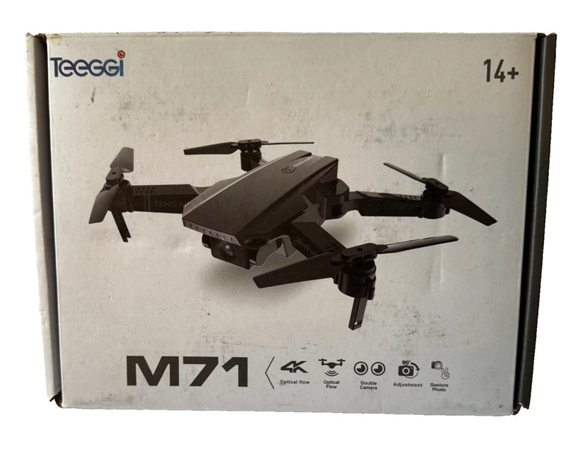 Teeggi M71 quadcopter drone box with folded 4K design graphic