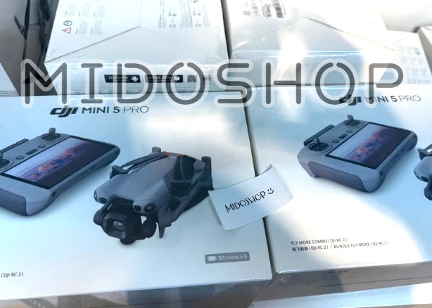 DJI Mini 5 Pro drone kit with controller and two remote devices in gray