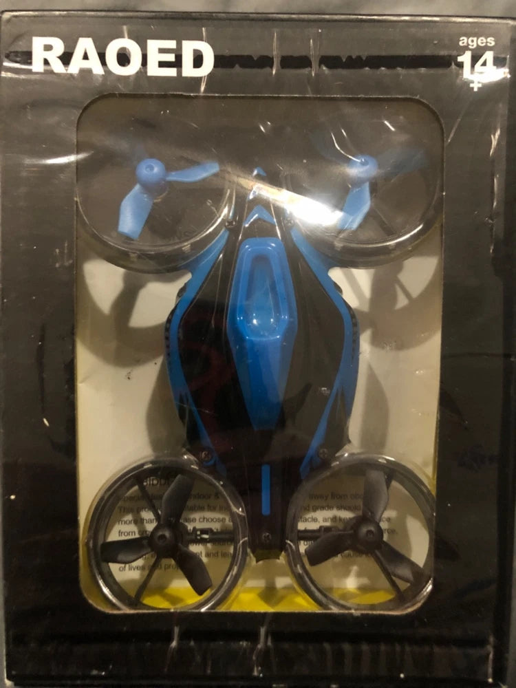 RAOED blue quadcopter drone in retail packaging, with four propeller arms