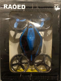 RAOED blue quadcopter drone in retail packaging, with four propeller arms