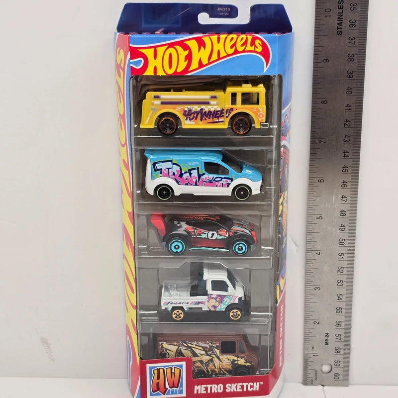 Hot Wheels Metro Sketch 5-Pack Ford Transit Connect Mighty K HW Fast 4WD Cars