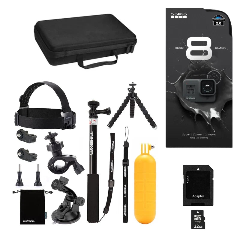 GoPro HERO8 Black camera bundle: hard case, mounts, chest/head strap, tripod, float, 32GB card