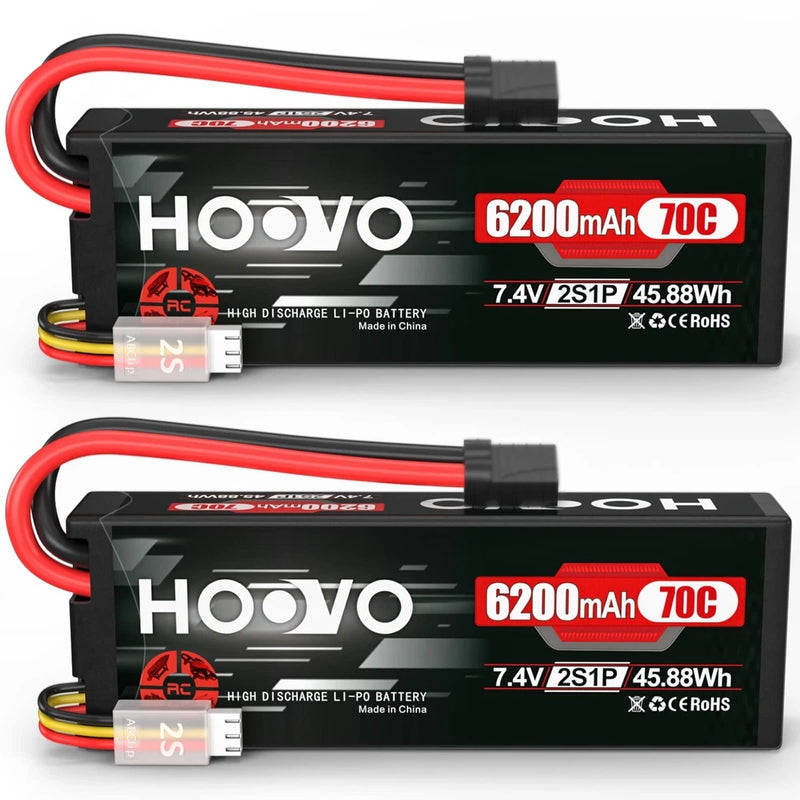 Extended Runtime 2S LiPo RC Battery 7.4V 6200mAh 70C Hard Case 2-Pack TR Plug Battery