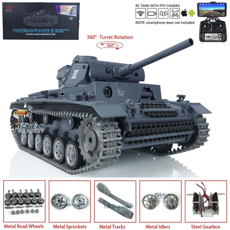 1/16 7.0 Henglong Panzer III L RTR BB IR RC Tank 3848 FPV Metal Track Wheel Smog