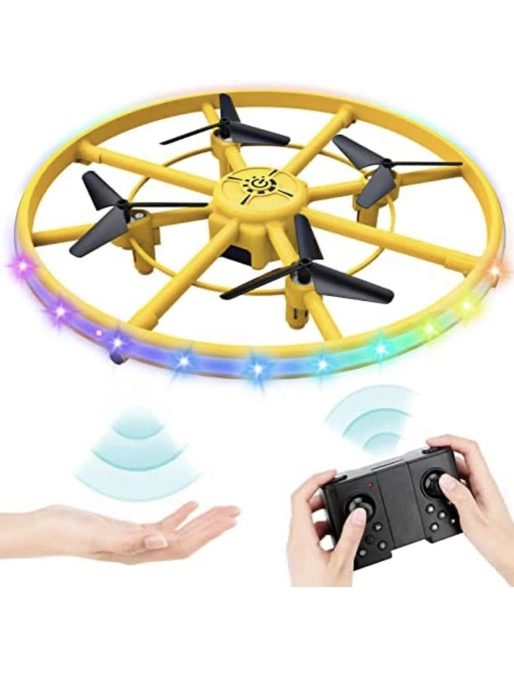Kids mini UFO quadcopter with colorful LED lights and handheld remote controller