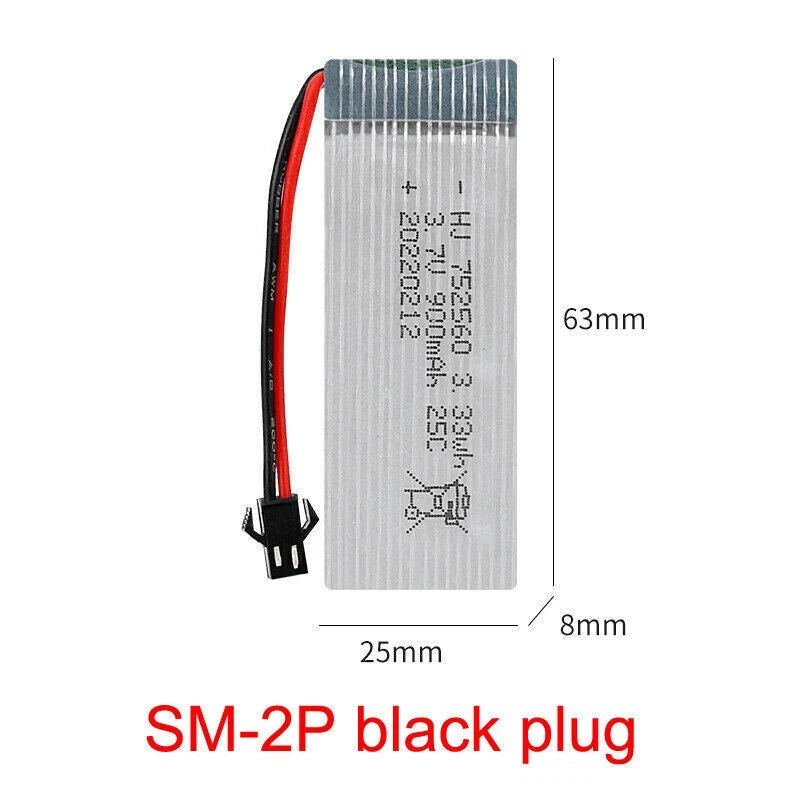 3.7V Li-po battery pack with SM-2P black plug, 25x8x63mm