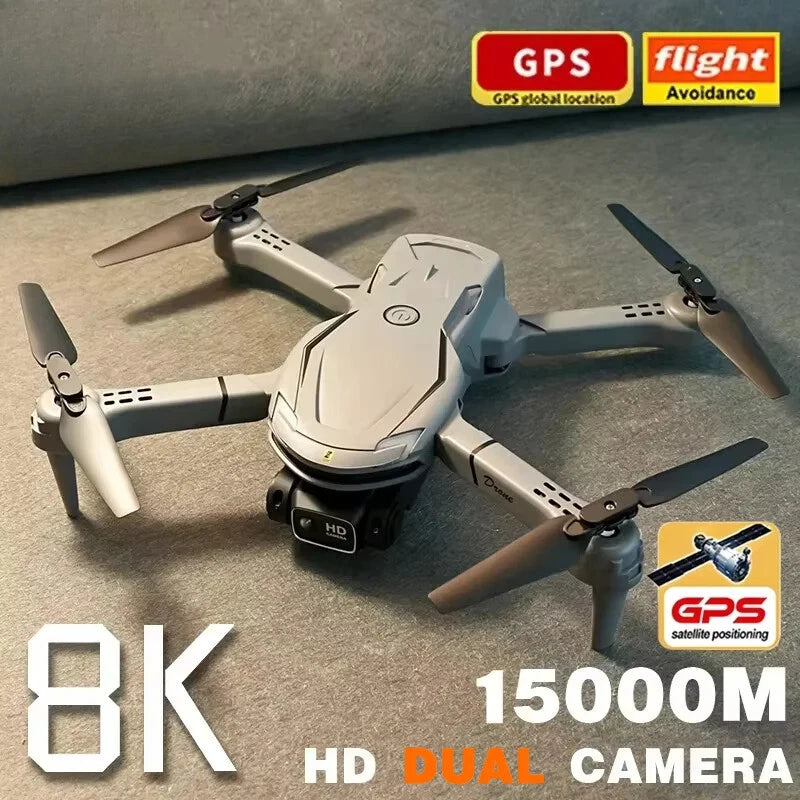 GPS 8K dual-camera quadcopter drone with four propellers, light gray body
