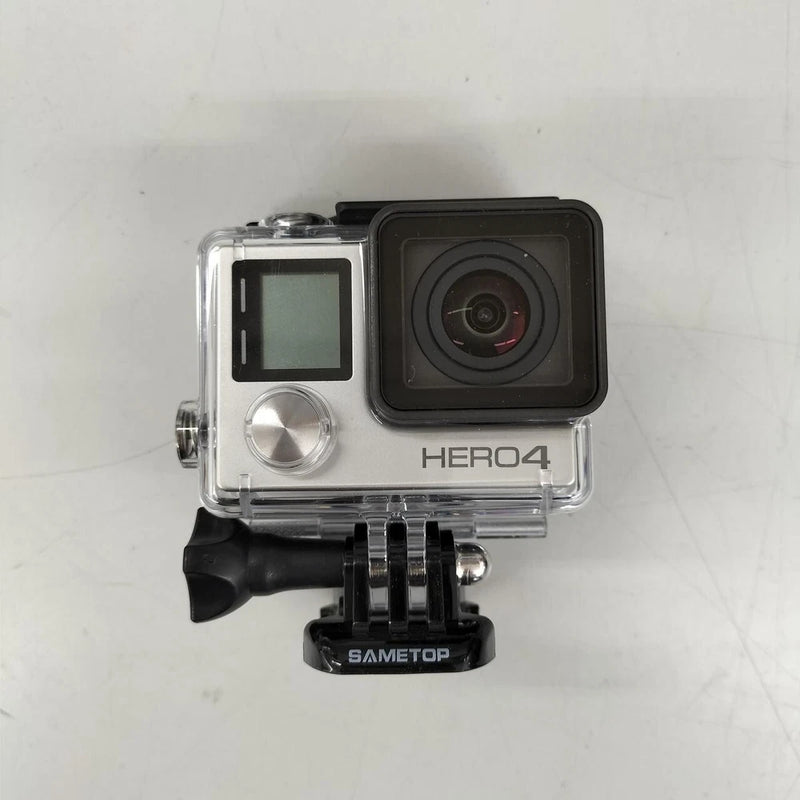 GoPro HERO4 action camera in clear waterproof case, front lens and small screen visible