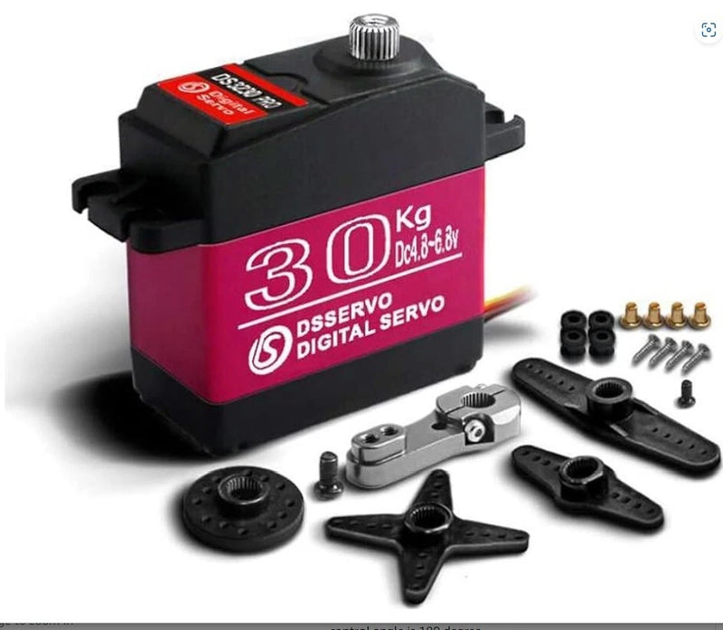 Waterproof digital metal-gear servo with black case, pink label, and mounting horns