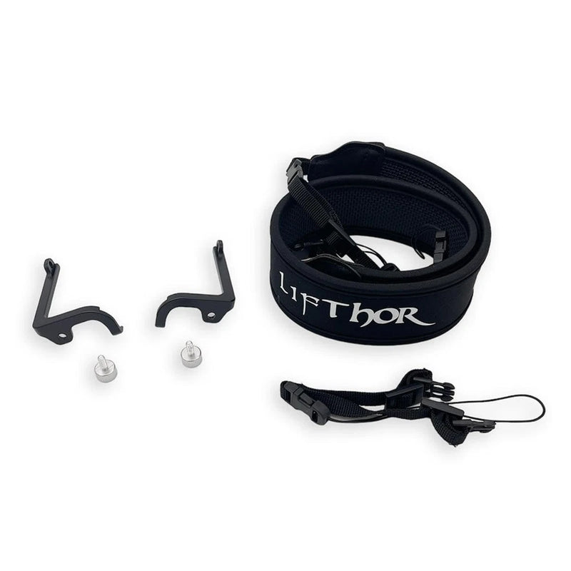 Adjustable lanyard mounting system with strap, claw bracket, and two screws, black