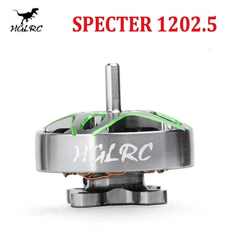 HGLRC SPECTER brushless FPV motor with silver body, central shaft, green accents