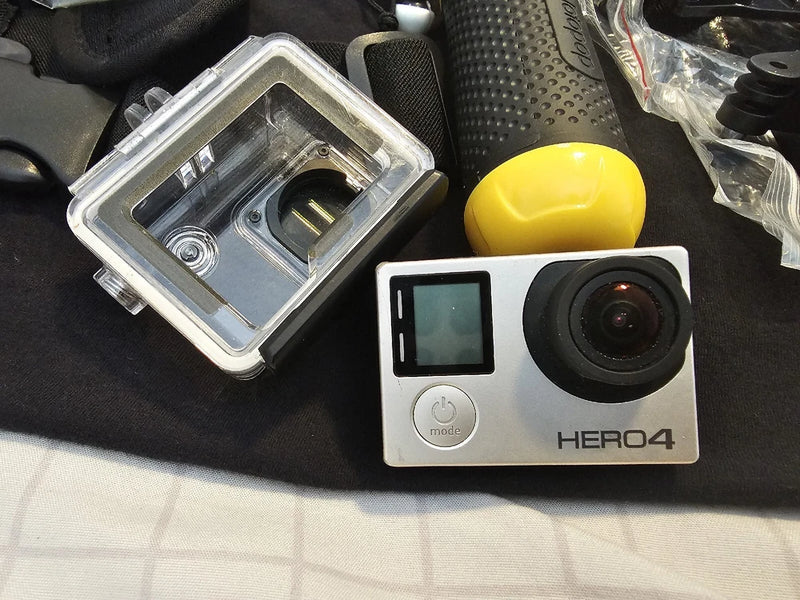 GoPro HERO4 action camera with clear protective case, front lens and LCD screen