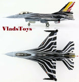 F-16AM scale jet model with black-and-white geometric camo and yellow-red tail markings