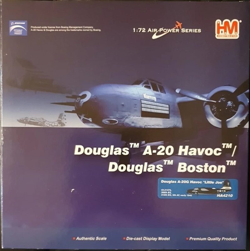 1:72 die-cast Douglas A-20 Havoc Little Joe aircraft model in retail box, front view