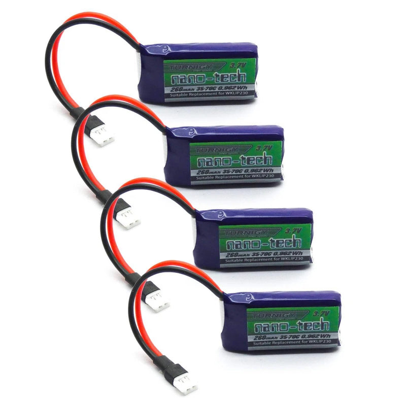 Four Turnigy Nano-tech 1S LiPo battery packs, blue with red/black leads and white connectors