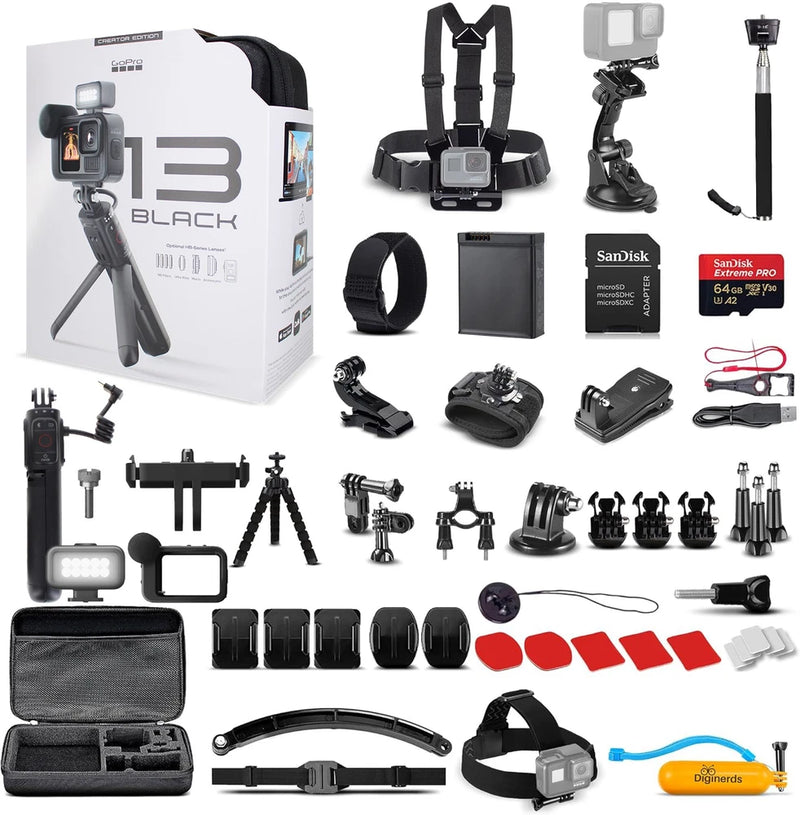 Action camera accessory kit with HERO13 camera, mounts, battery, case, and 64GB card