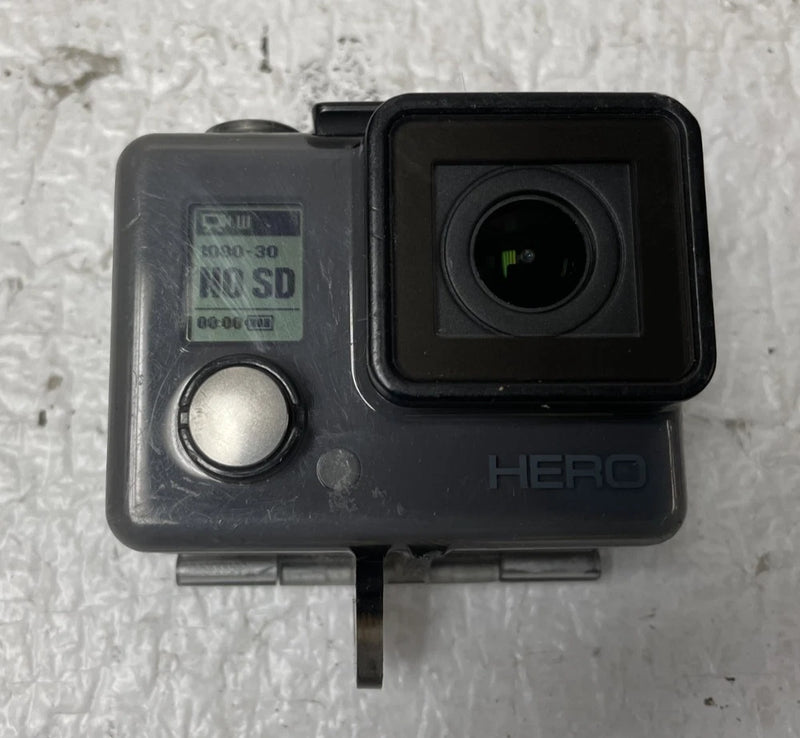 GoPro HERO waterproof action camera with front lens and side control button