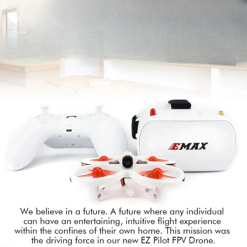 Mini FPV racing drone with orange propellers and EMAX goggles