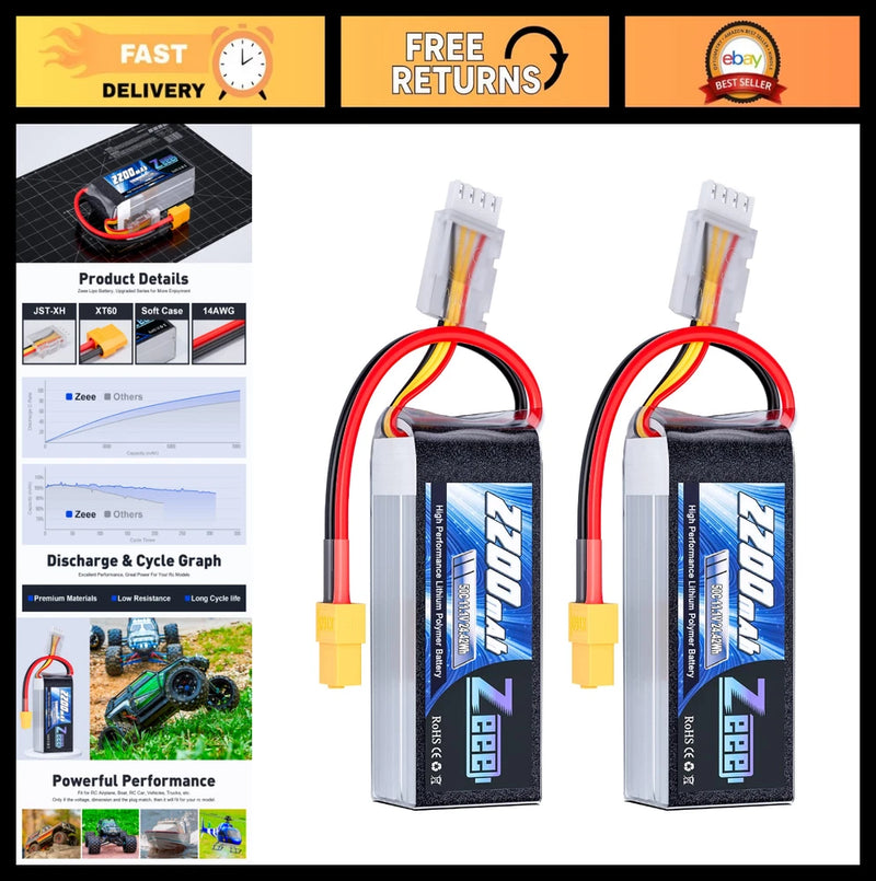 2200mAh 11.1V 50C Lipo Battery Shorty Pack XT60 for RC Cars, Trucks, Drones & Mo Battery
