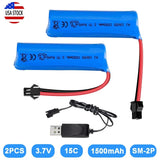 2Pcs 3.7V 1500mAh 15C SM 2Pin Plug Rechargeable Battery + Charger for RC Toy Car