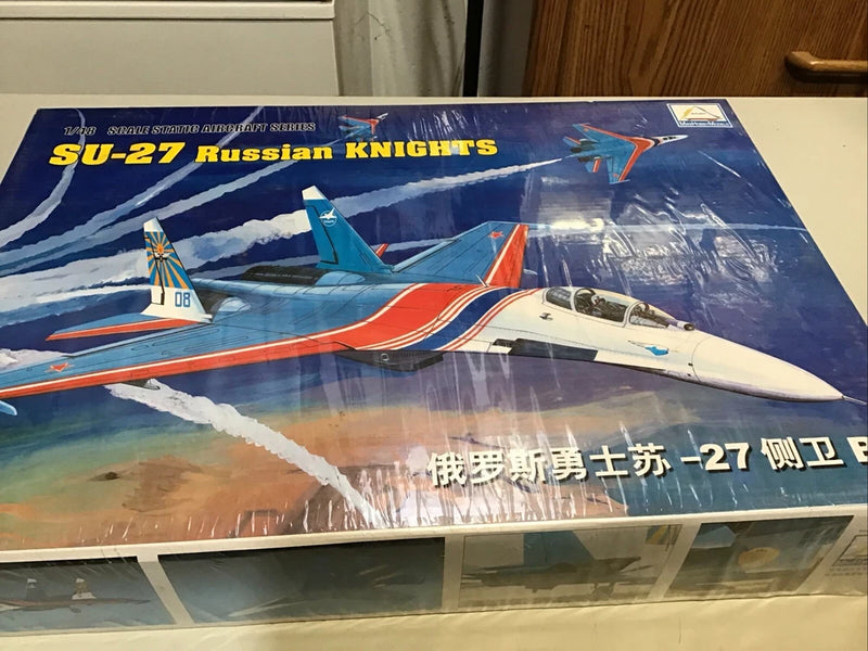 1:48 SU-27 Russian Knights model kit box with blue, orange, and white aircraft artwork