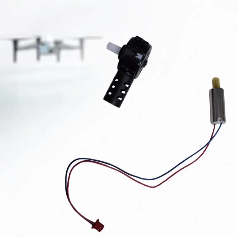 Drone motor quick-release upgrade part with black mount and red/blue wiring