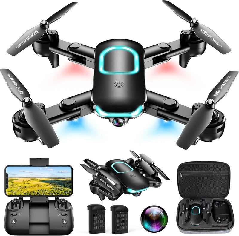 Foldable quadcopter drone with camera, glowing blue light, controller and storage case set