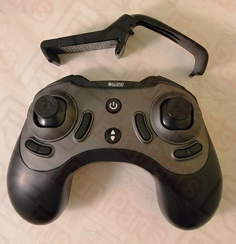 RC drone remote controller with dual thumb sticks, power button, and control d-pad