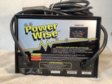 Golf cart battery charger with Power Wise panel, ammeter display, and attached cables