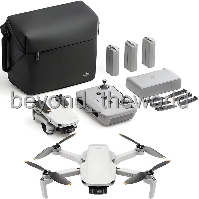 Foldable white quadcopter drone with camera, propellers, and black storage case