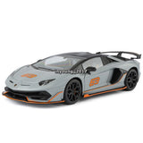 Gray diecast model toy car with orange accents, front three-quarter view, open doors