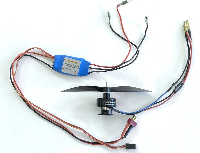 Brushless motor with 18A ESC, propeller, and connected wiring