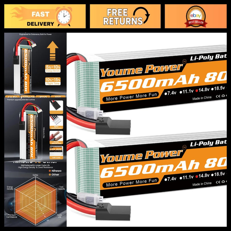High-Capacity 4S 6500mAh 14.8V Lipo Battery 80C Soft Case TR Connector for RC Ca Battery