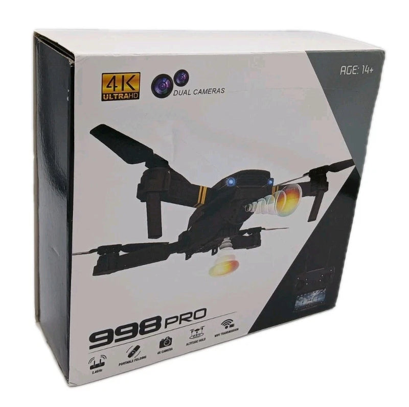 Foldable 4K dual-camera drone set in retail box, 998 Pro branding