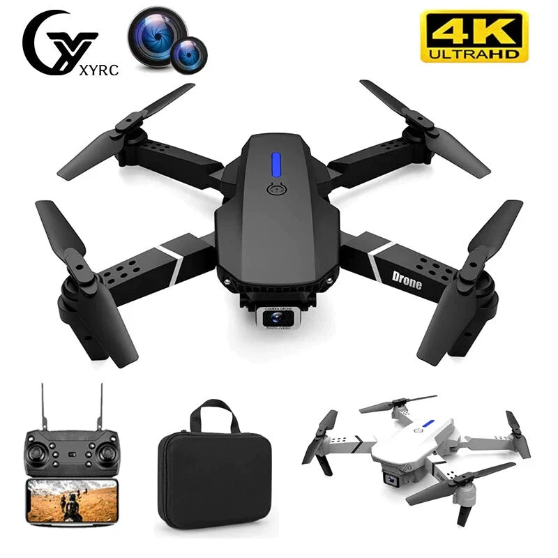 Foldable black quadcopter drone with dual cameras, controller, and carrying case