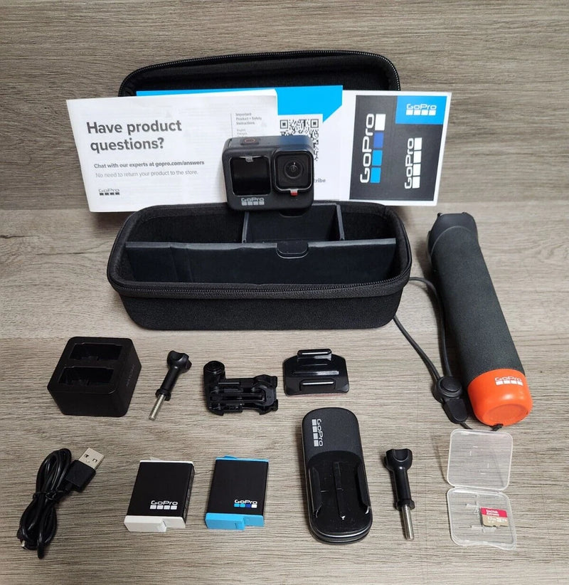 GoPro HERO9 accessory kit with camera, batteries, charger, 32GB card, case