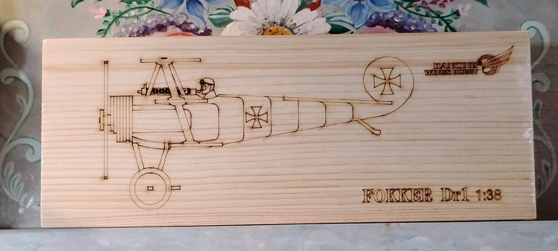 Laser-cut light wood biplane model, 1:38 scale, blueprint side view