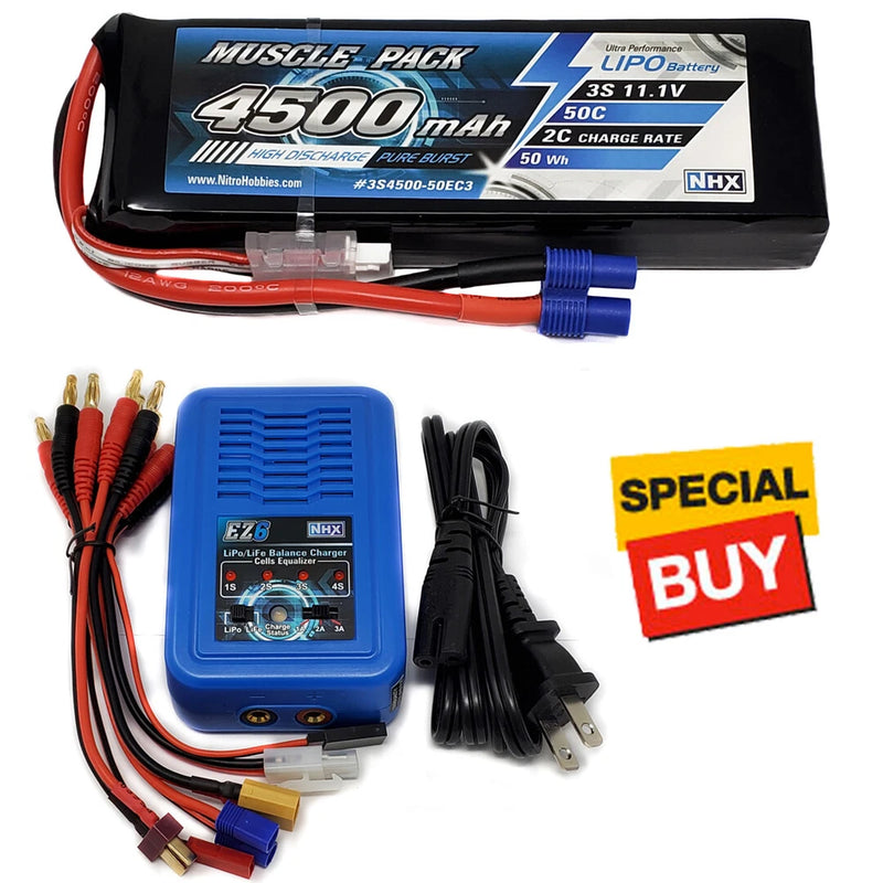 NHX Muscle Pack 3S 11.1V 4500mAh 50C Lipo Battery w/ EC3 Connector / EZ6 Charger Battery