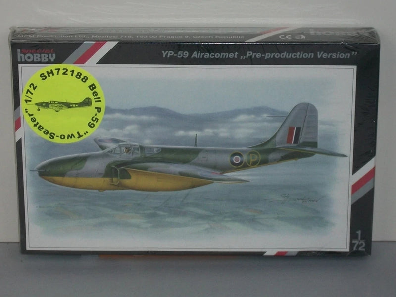 1/72 YP-59 Airacomet pre-production model airplane kit box, sealed, gray-yellow livery