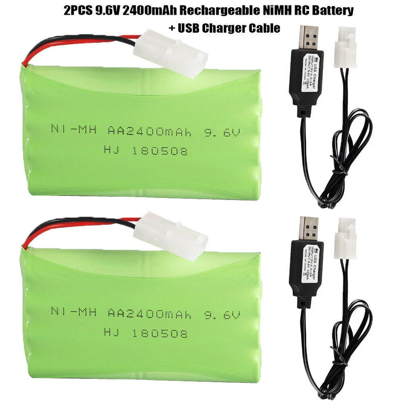 2Pack AA 2400mAh 9.6V NiMH Rechargeable Battery Pack USB Cable for RC Car Truck