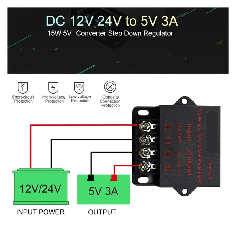 12V/24V to 5V 3A DC step-down buck converter module with power terminals