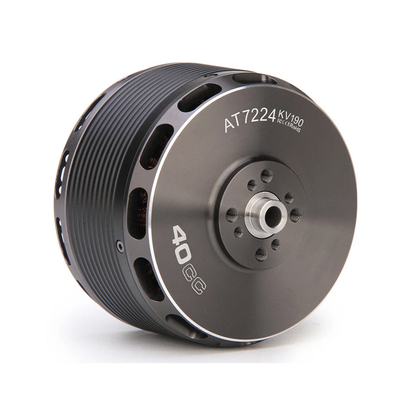 Long-shaft brushless motor, dark gray with mounting hub and AT7224KV190 label