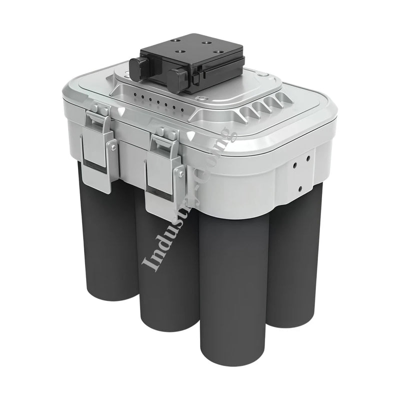 Drone-mounted launcher module with six cylindrical tubes, metal housing, mounting bracket