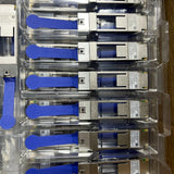 QSFP to SFP converter adapters with blue latch in clear plastic tray
